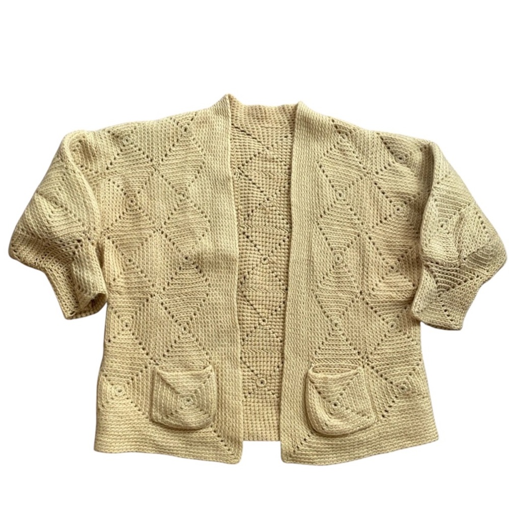 Vintage Hand Knit Cardigan Sweater Geometric Block Dolman Sleeve Gold / Yellow